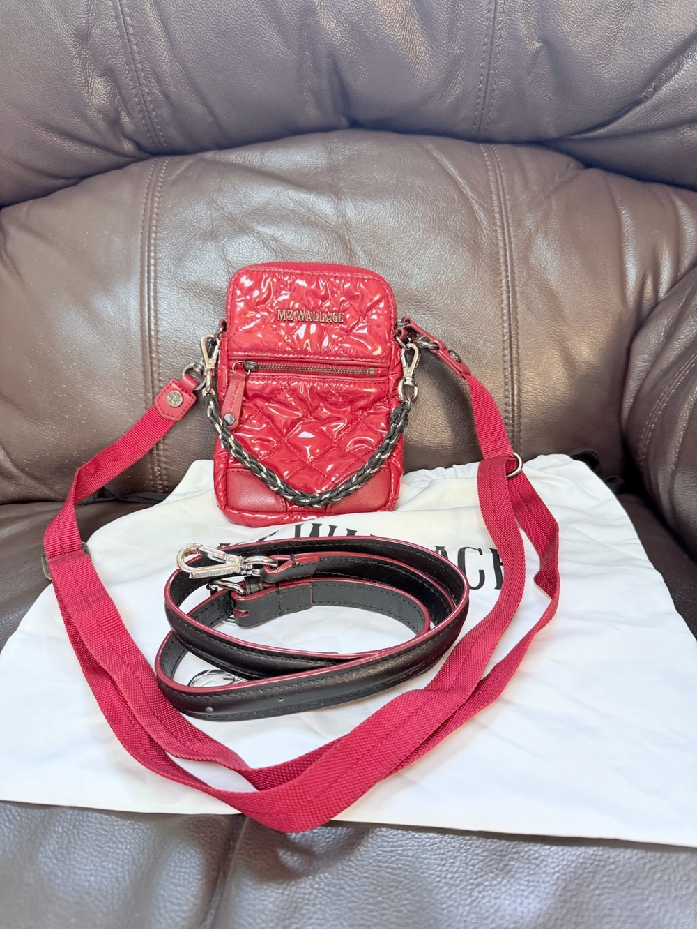 MZ Wallace Red Quilted Patent Crossbody with Chain Detail